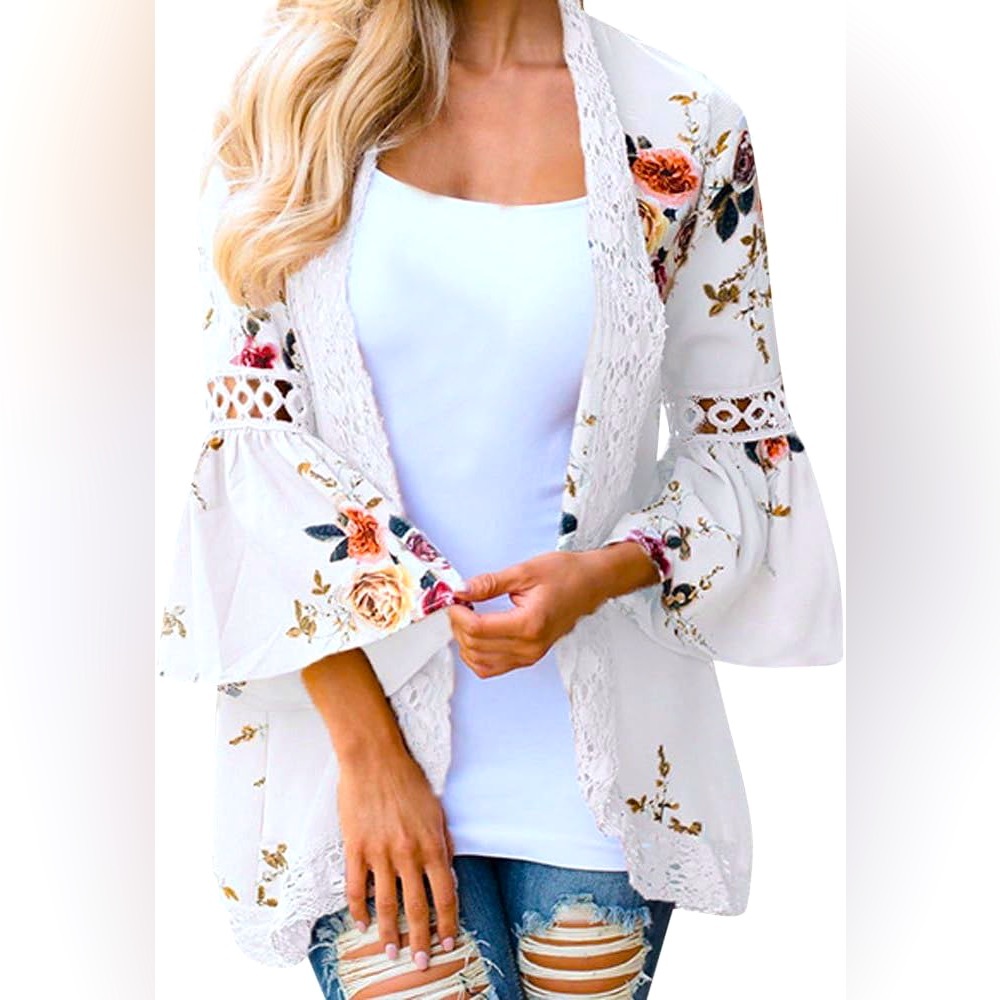 Floral Embroidered White Kimono Cardigan
